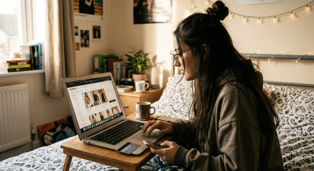 Young woman browsing clothing items on laptop while holding smartphone and credit card