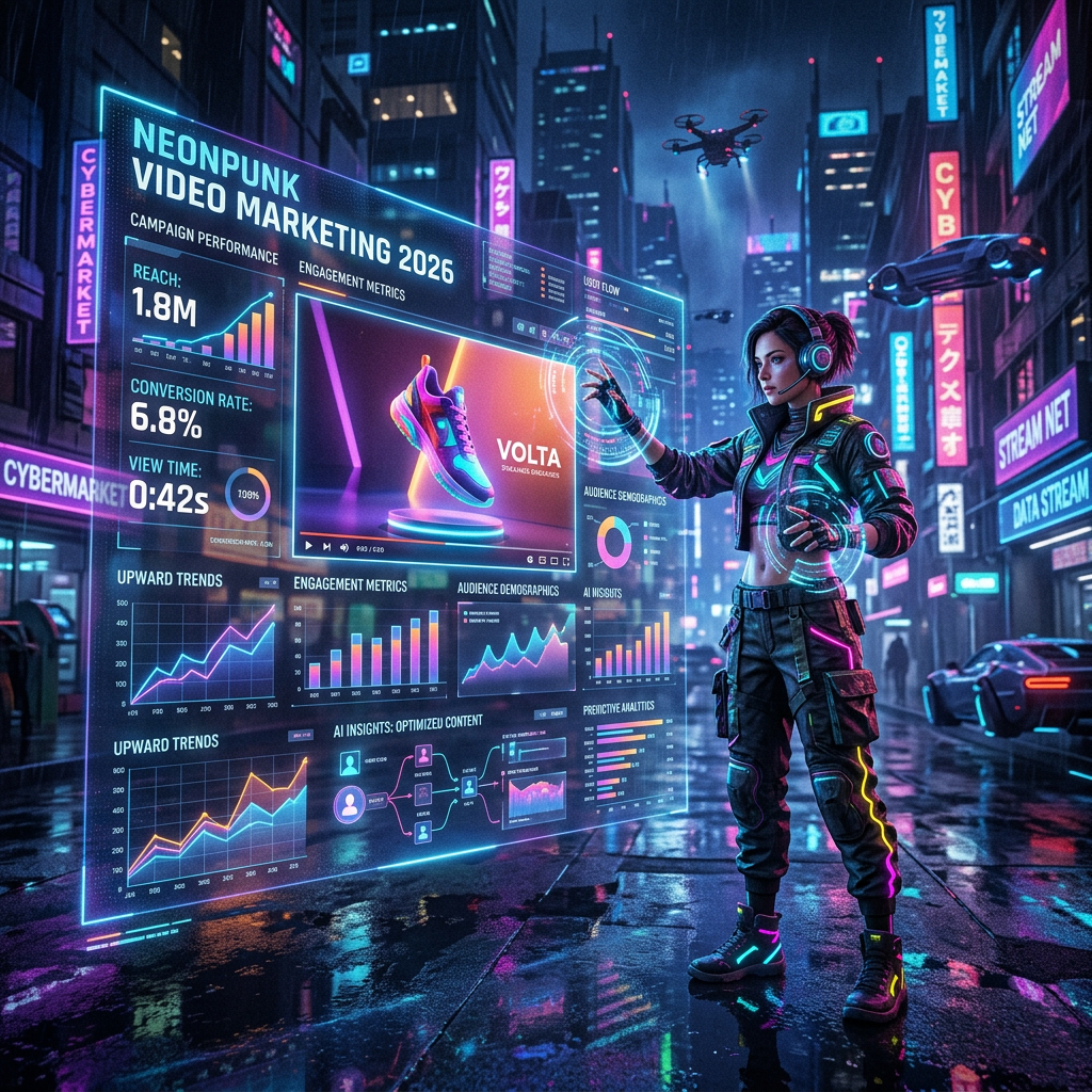 Person in neon cyberpunk outfit manipulating holographic video marketing analytics in futuristic city