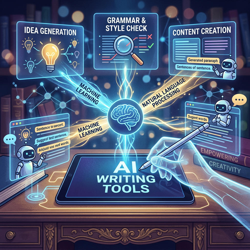 Digital tablet displaying AI writing tools with connected features like idea generation, grammar check, and content creation