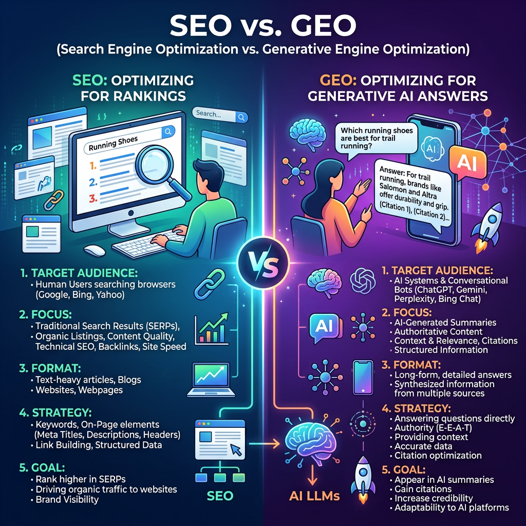 Infographic titled SEO vs. GEO, comparing SEO rankings for human browser users with GEO optimization for generative AI answers, including audiences, focus, formats, strategies, and goals.