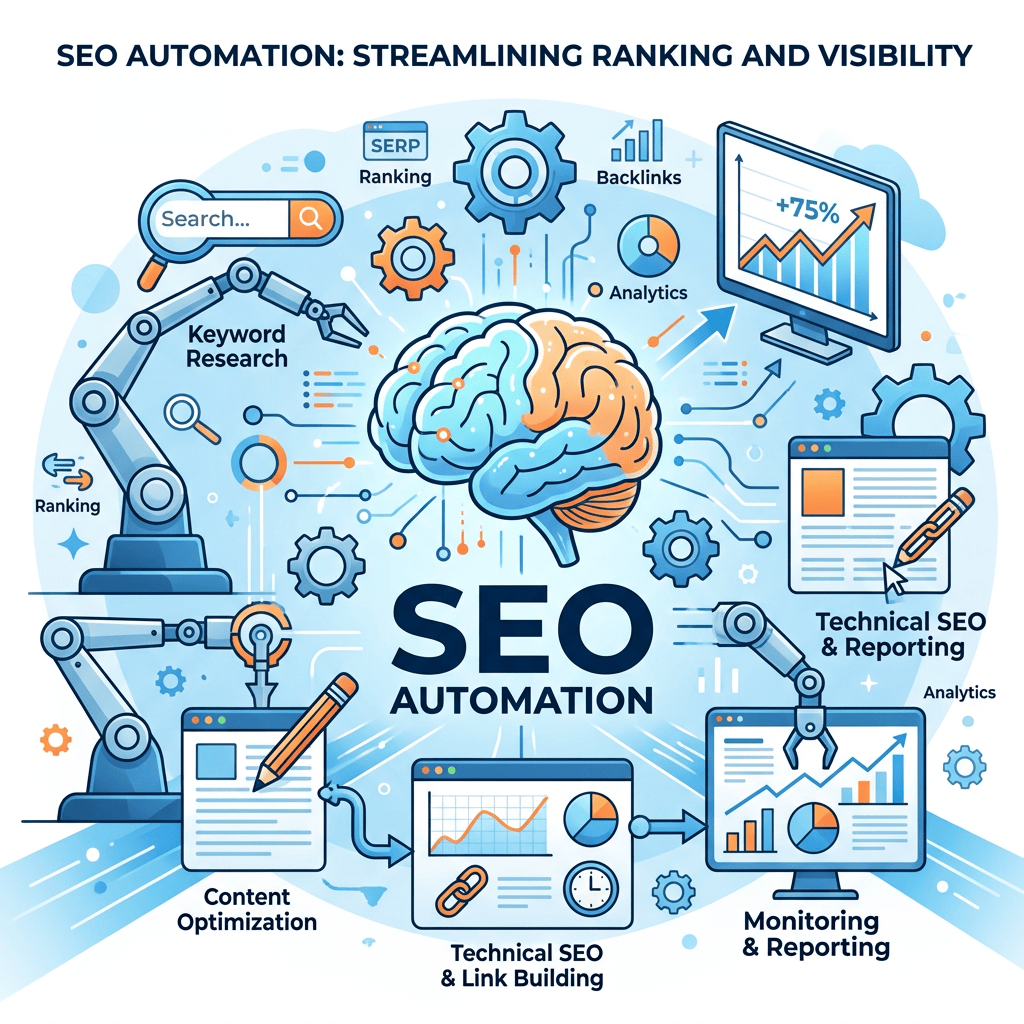 SEO Automation: Streamlining Ranking and Visibility; Keyword Research, Ranking, Backlinks, Analytics, Technical SEO & Reporting, Content Optimization, Technical SEO & Link Building, Monitoring & Reporting